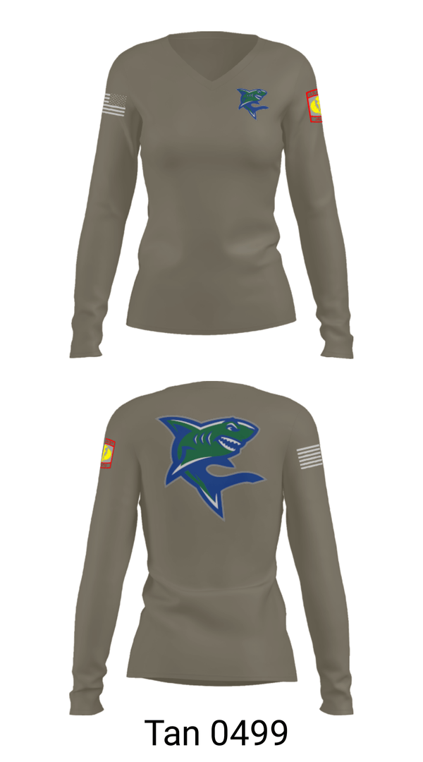 Women's Long Sleeve Vneck Shirt, Bullshark Battalion, Army, Teamtime, Team time, sublimation, custom sports apparel, team uniforms, spirit wear, spiritwear, sports uniforms, custom shirts, team store, custom team store, fundraiser sports, apparel fundraiser