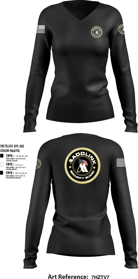 Womens Long Sleeve Vneck Shirt, Maddlink Security Guard, , Teamtime, Team time, sublimation, custom sports apparel, team uniforms, spirit wear, spiritwear, sports uniforms, custom shirts, team store, custom team store, fundraiser sports, apparel fundraiser
