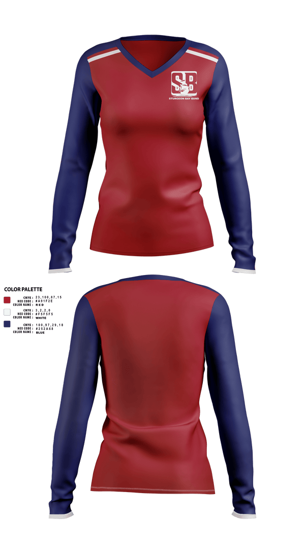 Womens Long Sleeve Vneck Shirt, Sturgeon Bay High School Band, Spirit Store, Teamtime, Team time, sublimation, custom sports apparel, team uniforms, spirit wear, spiritwear, sports uniforms, custom shirts, team store, custom team store, fundraiser sports, apparel fundraiser