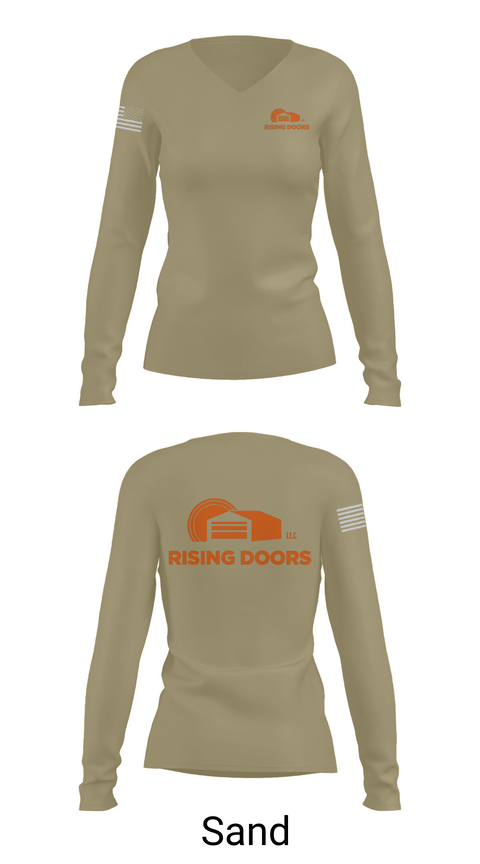 Womens Long Sleeve Vneck Shirt 1, Rising Doors, Army, Teamtime, Team time, sublimation, custom sports apparel, team uniforms, spirit wear, spiritwear, sports uniforms, custom shirts, team store, custom team store, fundraiser sports, apparel fundraiser