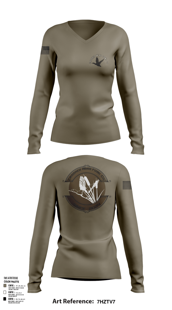 Womens Long Sleeve Vneck Shirt, Crooked Wing Fowl Co., , Teamtime, Team time, sublimation, custom sports apparel, team uniforms, spirit wear, spiritwear, sports uniforms, custom shirts, team store, custom team store, fundraiser sports, apparel fundraiser