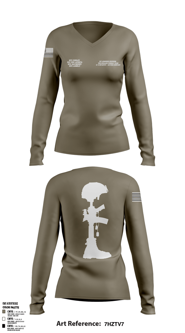 Womens Long Sleeve Vneck Shirt, 1st Armored Division - 3rd Brigade Combat Team - 2-5 Infantry Action Company, Army, Teamtime, Team time, sublimation, custom sports apparel, team uniforms, spirit wear, spiritwear, sports uniforms, custom shirts, team store, custom team store, fundraiser sports, apparel fundraiser