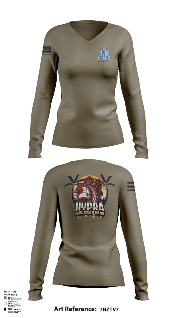 Womens Long Sleeve Vneck Shirt, HHD 205th MI BN, Army, Teamtime, Team time, sublimation, custom sports apparel, team uniforms, spirit wear, spiritwear, sports uniforms, custom shirts, team store, custom team store, fundraiser sports, apparel fundraiser