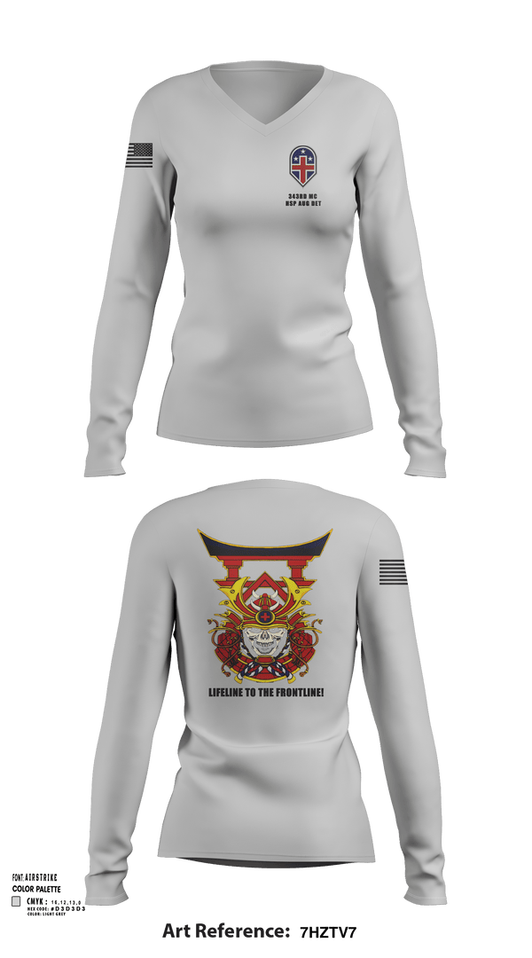 Womens Long Sleeve Vneck Shirt, 343rd Medical Hospital Augmentation Detachment, , Teamtime, Team time, sublimation, custom sports apparel, team uniforms, spirit wear, spiritwear, sports uniforms, custom shirts, team store, custom team store, fundraiser sports, apparel fundraiser