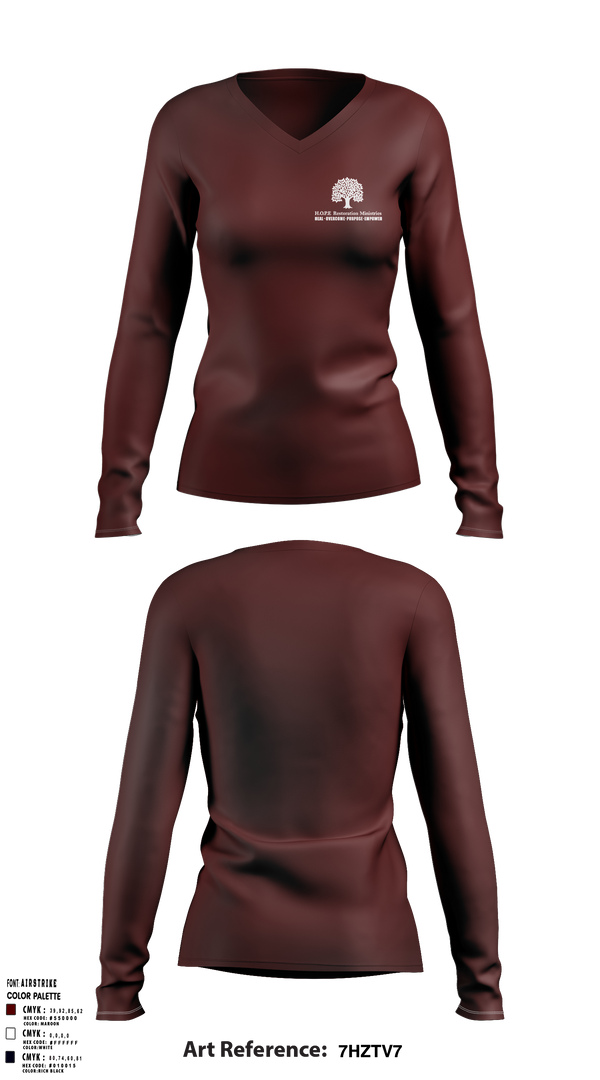Womens Long Sleeve Vneck Shirt, Hope Restoration Ministries, , Teamtime, Team time, sublimation, custom sports apparel, team uniforms, spirit wear, spiritwear, sports uniforms, custom shirts, team store, custom team store, fundraiser sports, apparel fundraiser
