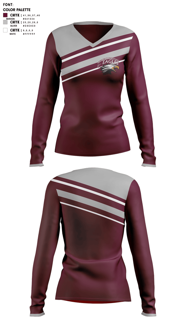 Womens Long Sleeve Vneck Shirt, Pikes Peak Christian School, , Teamtime, Team time, sublimation, custom sports apparel, team uniforms, spirit wear, spiritwear, sports uniforms, custom shirts, team store, custom team store, fundraiser sports, apparel fundraiser