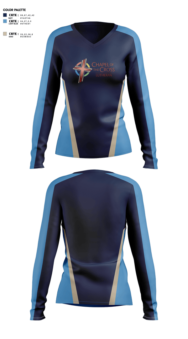 Womens Long Sleeve Vneck Shirt, Chapel of the Cross, , Teamtime, Team time, sublimation, custom sports apparel, team uniforms, spirit wear, spiritwear, sports uniforms, custom shirts, team store, custom team store, fundraiser sports, apparel fundraiser