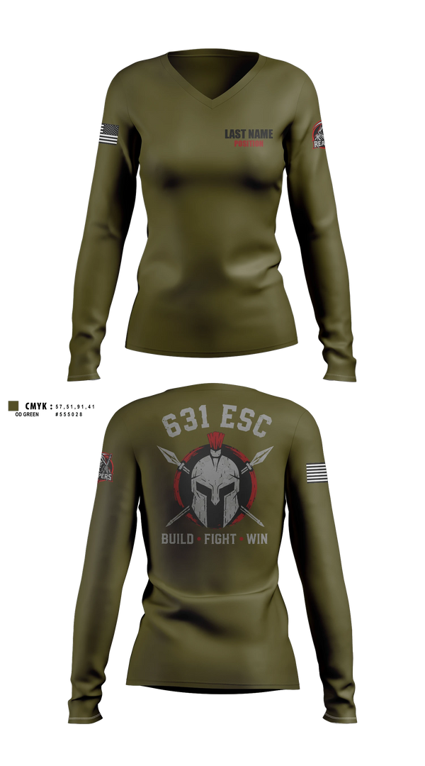Womens Long Sleeve Vneck Shirt, 631st ESC, Army, Teamtime, Team time, sublimation, custom sports apparel, team uniforms, spirit wear, spiritwear, sports uniforms, custom shirts, team store, custom team store, fundraiser sports, apparel fundraiser