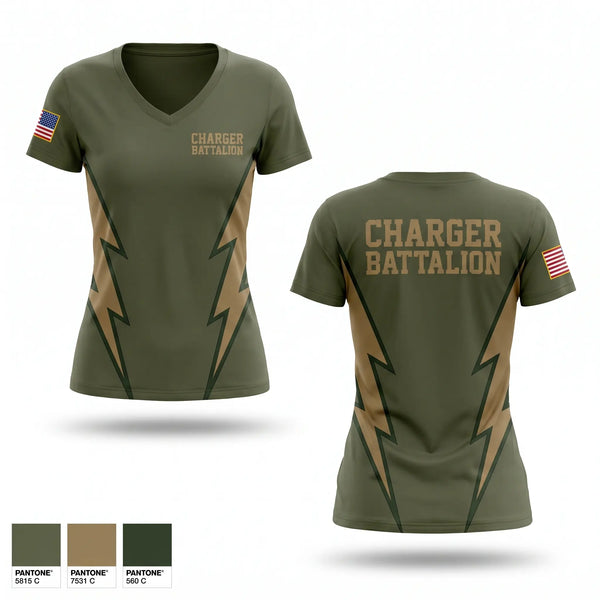 Womens Short Sleeve Vneck Shirt, Charger Battalion, Army, Teamtime, Team time, sublimation, custom sports apparel, team uniforms, spirit wear, spiritwear, sports uniforms, custom shirts, team store, custom team store, fundraiser sports, apparel fundraiser