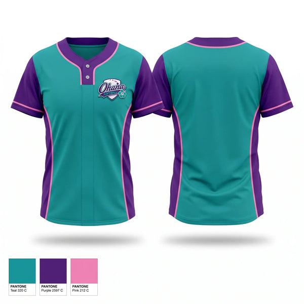 Two Button Softball Jersey, Ohana, Softball, Teamtime, Team time, sublimation, custom sports apparel, team uniforms, spirit wear, spiritwear, sports uniforms, custom shirts, team store, custom team store, fundraiser sports, apparel fundraiser