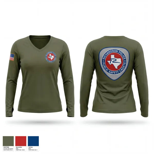 Womens Long Sleeve Vneck Shirt, Richardson Police Cadets, Police, Teamtime, Team time, sublimation, custom sports apparel, team uniforms, spirit wear, spiritwear, sports uniforms, custom shirts, team store, custom team store, fundraiser sports, apparel fundraiser