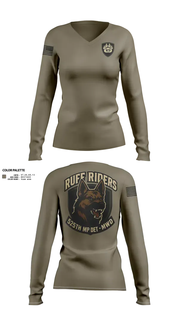 Womens Long Sleeve Vneck Shirt, 525th MWD DET, Army, Teamtime, Team time, sublimation, custom sports apparel, team uniforms, spirit wear, spiritwear, sports uniforms, custom shirts, team store, custom team store, fundraiser sports, apparel fundraiser