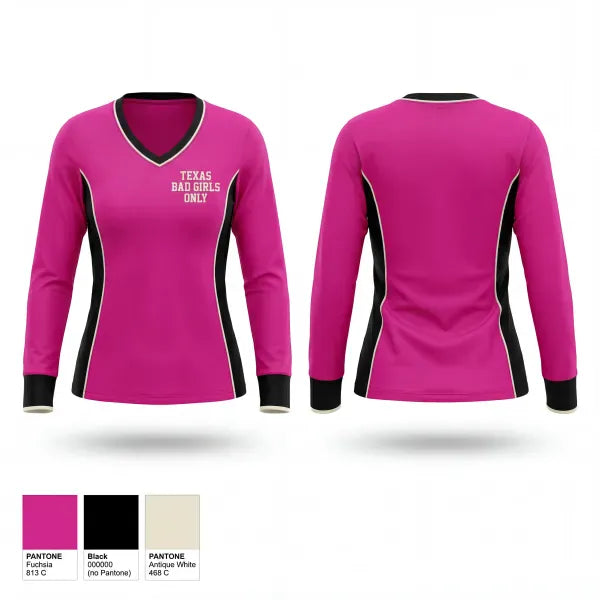 Womens Long Sleeve Vneck Shirt, Texas Bad Girls, Women's Basketball, Teamtime, Team time, sublimation, custom sports apparel, team uniforms, spirit wear, spiritwear, sports uniforms, custom shirts, team store, custom team store, fundraiser sports, apparel fundraiser