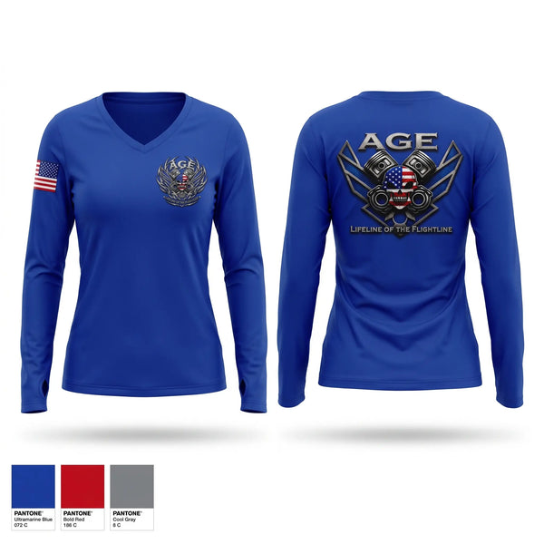 Womens Long Sleeve Vneck Shirt, AGE, Air Force, Teamtime, Team time, sublimation, custom sports apparel, team uniforms, spirit wear, spiritwear, sports uniforms, custom shirts, team store, custom team store, fundraiser sports, apparel fundraiser