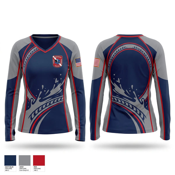 Womens Long Sleeve Vneck Shirt, Calvert County Rescue Dive Team, Fire Department, Teamtime, Team time, sublimation, custom sports apparel, team uniforms, spirit wear, spiritwear, sports uniforms, custom shirts, team store, custom team store, fundraiser sports, apparel fundraiser