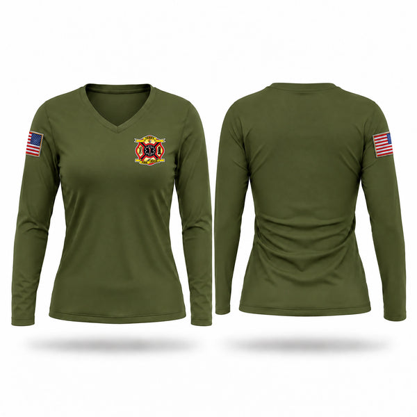 Womens Long Sleeve Vneck Shirt, Terry Volunteer Fire Department, Fire Department, Teamtime, Team time, sublimation, custom sports apparel, team uniforms, spirit wear, spiritwear, sports uniforms, custom shirts, team store, custom team store, fundraiser sports, apparel fundraiser