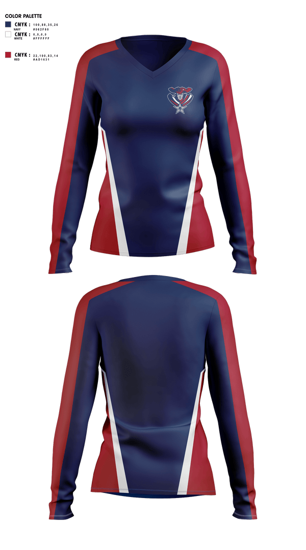 Womens Long Sleeve Vneck Shirt, ALA Patriots, , Teamtime, Team time, sublimation, custom sports apparel, team uniforms, spirit wear, spiritwear, sports uniforms, custom shirts, team store, custom team store, fundraiser sports, apparel fundraiser