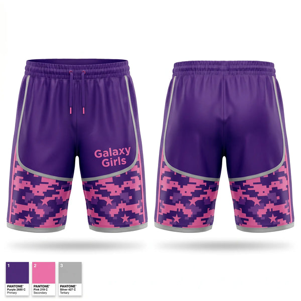 Womens Soccer Shorts, Galaxy Girls, Women's Soccer, Teamtime, Team time, sublimation, custom sports apparel, team uniforms, spirit wear, spiritwear, sports uniforms, custom shirts, team store, custom team store, fundraiser sports, apparel fundraiser