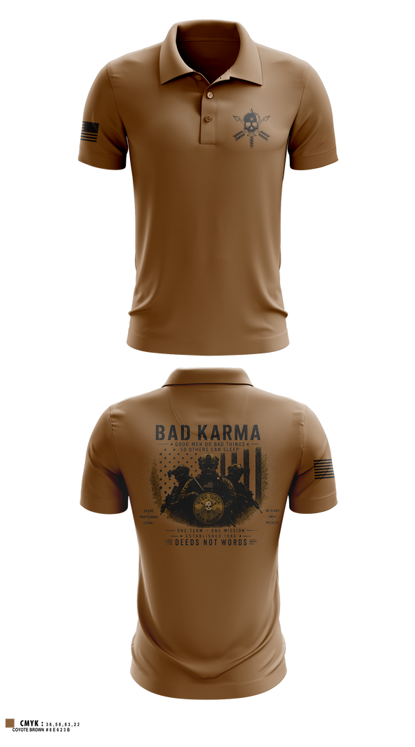 Short Sleeve Performance Polo, Bad Karma, Army, Teamtime, Team time, sublimation, custom sports apparel, team uniforms, spirit wear, spiritwear, sports uniforms, custom shirts, team store, custom team store, fundraiser sports, apparel fundraiser