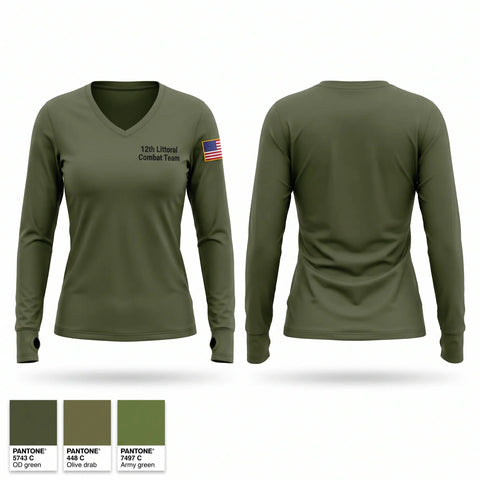 Womens Long Sleeve Vneck Shirt, 12th Littoral Combat Team, Marines, Teamtime, Team time, sublimation, custom sports apparel, team uniforms, spirit wear, spiritwear, sports uniforms, custom shirts, team store, custom team store, fundraiser sports, apparel fundraiser