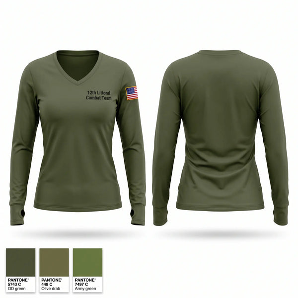 Womens Long Sleeve Vneck Shirt, 12th Littoral Combat Team, Marines, Teamtime, Team time, sublimation, custom sports apparel, team uniforms, spirit wear, spiritwear, sports uniforms, custom shirts, team store, custom team store, fundraiser sports, apparel fundraiser