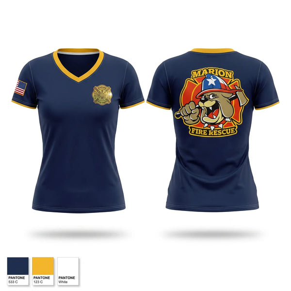 Womens Short Sleeve Vneck Shirt, Marion Fire Rescue, Fire Department, Teamtime, Team time, sublimation, custom sports apparel, team uniforms, spirit wear, spiritwear, sports uniforms, custom shirts, team store, custom team store, fundraiser sports, apparel fundraiser