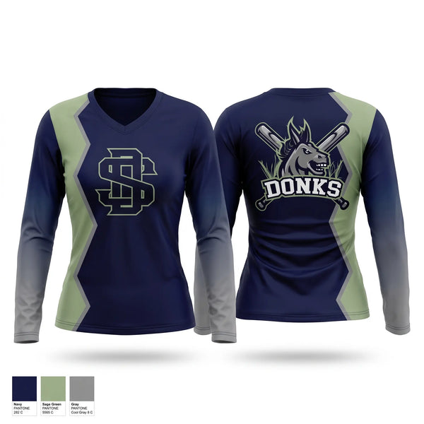 Womens Long Sleeve Vneck Shirt, Swamp Donks, Baseball, Teamtime, Team time, sublimation, custom sports apparel, team uniforms, spirit wear, spiritwear, sports uniforms, custom shirts, team store, custom team store, fundraiser sports, apparel fundraiser