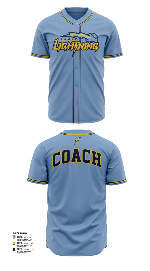 Full Button Baseball Jersey, Lamar Lightening, Baseball, Teamtime, Team time, sublimation, custom sports apparel, team uniforms, spirit wear, spiritwear, sports uniforms, custom shirts, team store, custom team store, fundraiser sports, apparel fundraiser