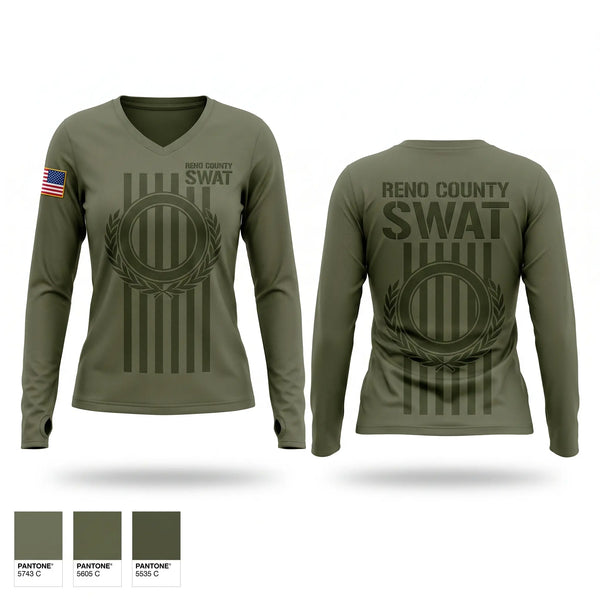 Womens Long Sleeve Vneck Shirt, Reno County Swat, Police, Teamtime, Team time, sublimation, custom sports apparel, team uniforms, spirit wear, spiritwear, sports uniforms, custom shirts, team store, custom team store, fundraiser sports, apparel fundraiser