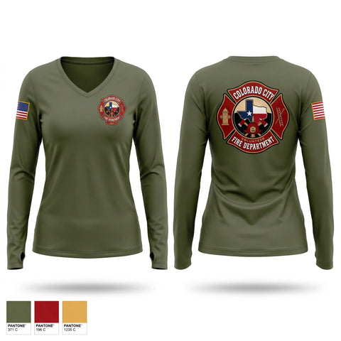 Womens Long Sleeve Vneck Shirt, Colorado City Fire Department, Fire Department, Teamtime, Team time, sublimation, custom sports apparel, team uniforms, spirit wear, spiritwear, sports uniforms, custom shirts, team store, custom team store, fundraiser sports, apparel fundraiser