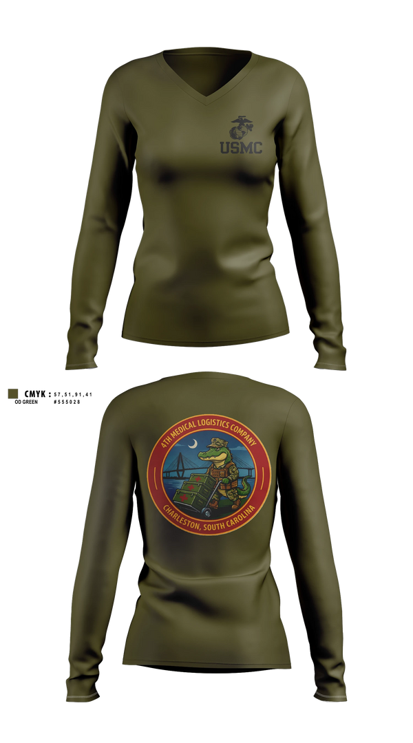 Womens Long Sleeve Vneck Shirt, 4th Medical Logistics Company, Marines, Teamtime, Team time, sublimation, custom sports apparel, team uniforms, spirit wear, spiritwear, sports uniforms, custom shirts, team store, custom team store, fundraiser sports, apparel fundraiser