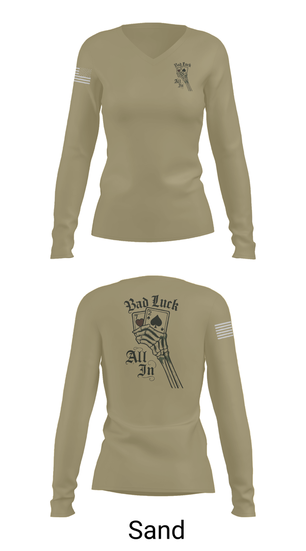 Womens Long Sleeve Vneck Shirt, 4th plt bad luck, Army, Teamtime, Team time, sublimation, custom sports apparel, team uniforms, spirit wear, spiritwear, sports uniforms, custom shirts, team store, custom team store, fundraiser sports, apparel fundraiser