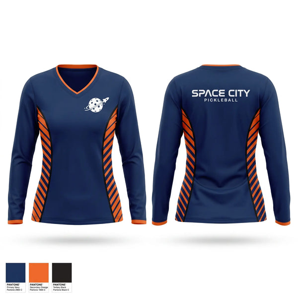 Womens Long Sleeve Vneck Shirt, Space City Pickleball, , Teamtime, Team time, sublimation, custom sports apparel, team uniforms, spirit wear, spiritwear, sports uniforms, custom shirts, team store, custom team store, fundraiser sports, apparel fundraiser