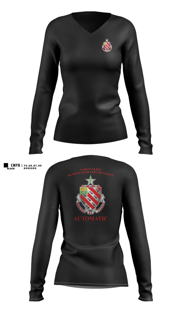 Womens Long Sleeve Vneck Shirt, 1/8 Field Artillery Regiment, Army, Teamtime, Team time, sublimation, custom sports apparel, team uniforms, spirit wear, spiritwear, sports uniforms, custom shirts, team store, custom team store, fundraiser sports, apparel fundraiser