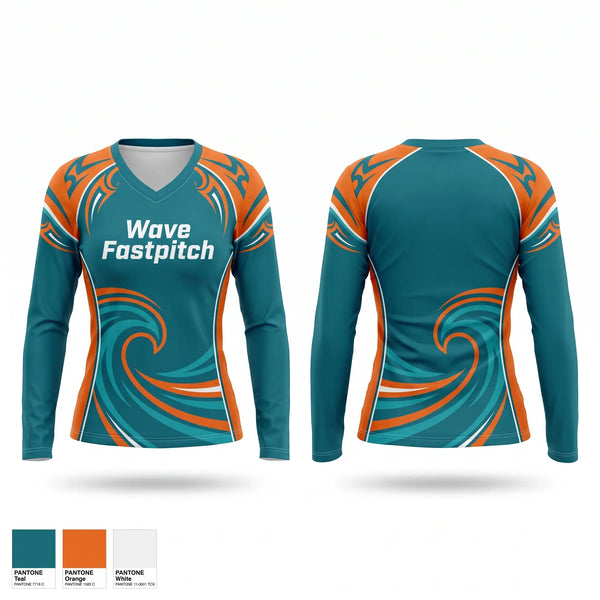 Womens Long Sleeve Vneck Shirt, Wave Fastpitch, Softball, Teamtime, Team time, sublimation, custom sports apparel, team uniforms, spirit wear, spiritwear, sports uniforms, custom shirts, team store, custom team store, fundraiser sports, apparel fundraiser