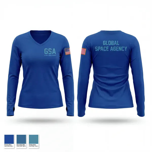Womens Long Sleeve Vneck Shirt, GSA, Space Force, Teamtime, Team time, sublimation, custom sports apparel, team uniforms, spirit wear, spiritwear, sports uniforms, custom shirts, team store, custom team store, fundraiser sports, apparel fundraiser