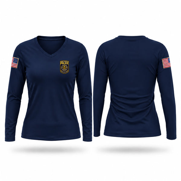 Womens Long Sleeve Vneck Shirt, New Castle Police Department, Police, Teamtime, Team time, sublimation, custom sports apparel, team uniforms, spirit wear, spiritwear, sports uniforms, custom shirts, team store, custom team store, fundraiser sports, apparel fundraiser