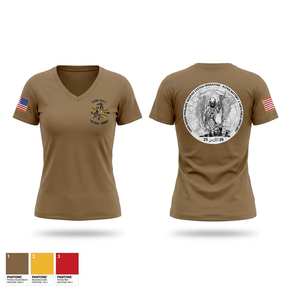 Womens Short Sleeve Vneck Shirt, A BATTERY 2-116th FAR, Army, Teamtime, Team time, sublimation, custom sports apparel, team uniforms, spirit wear, spiritwear, sports uniforms, custom shirts, team store, custom team store, fundraiser sports, apparel fundraiser