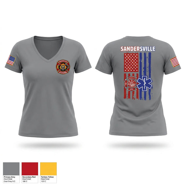 Womens Short Sleeve Vneck Shirt, Sandersville fire and rescue, Fire Department, Teamtime, Team time, sublimation, custom sports apparel, team uniforms, spirit wear, spiritwear, sports uniforms, custom shirts, team store, custom team store, fundraiser sports, apparel fundraiser
