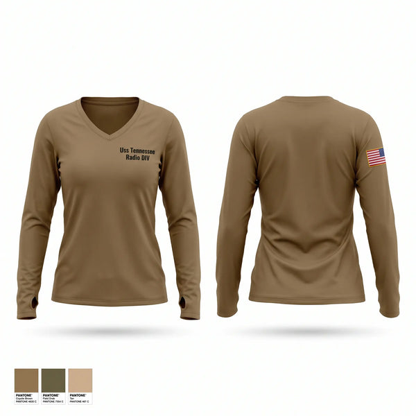 Womens Long Sleeve Vneck Shirt, Uss Tennessee Radio DIV, Navy, Teamtime, Team time, sublimation, custom sports apparel, team uniforms, spirit wear, spiritwear, sports uniforms, custom shirts, team store, custom team store, fundraiser sports, apparel fundraiser