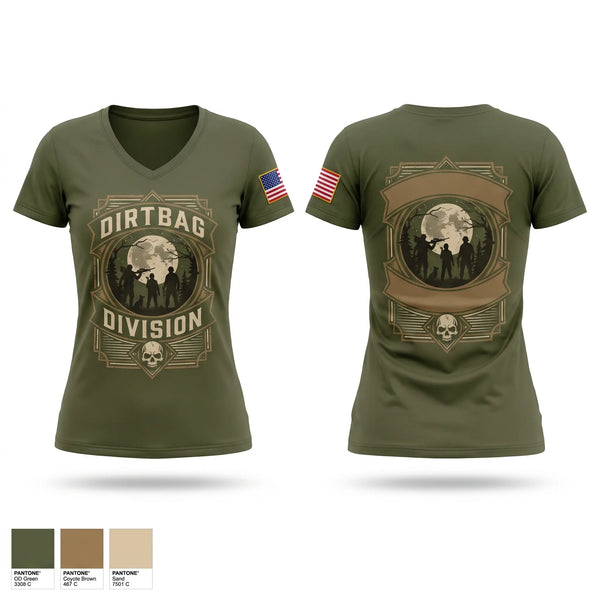 Womens Short Sleeve Vneck Shirt, Dirtbag Division, Army, Teamtime, Team time, sublimation, custom sports apparel, team uniforms, spirit wear, spiritwear, sports uniforms, custom shirts, team store, custom team store, fundraiser sports, apparel fundraiser
