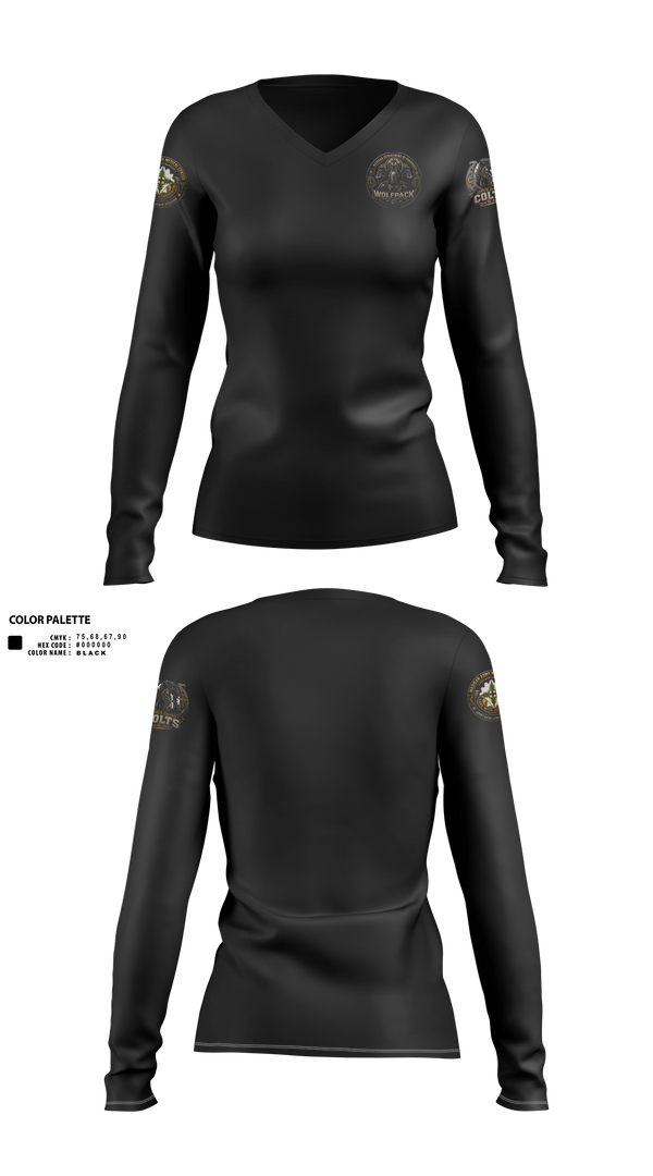 Womens Long Sleeve Vneck Shirt, Madigan pharmacy colts, Army, Teamtime, Team time, sublimation, custom sports apparel, team uniforms, spirit wear, spiritwear, sports uniforms, custom shirts, team store, custom team store, fundraiser sports, apparel fundraiser
