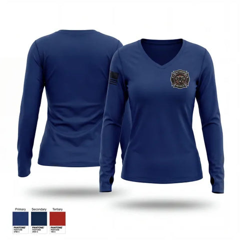 Womens Long Sleeve Vneck Shirt, East Tawakoni Fire Rescue, Fire Department, Teamtime, Team time, sublimation, custom sports apparel, team uniforms, spirit wear, spiritwear, sports uniforms, custom shirts, team store, custom team store, fundraiser sports, apparel fundraiser