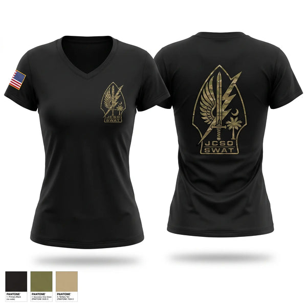 Womens Short Sleeve Vneck Shirt, JCSO SWAT1, Police, Teamtime, Team time, sublimation, custom sports apparel, team uniforms, spirit wear, spiritwear, sports uniforms, custom shirts, team store, custom team store, fundraiser sports, apparel fundraiser