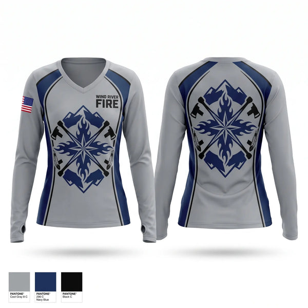Womens Long Sleeve Vneck Shirt, Wind River Fire, Fire Department, Teamtime, Team time, sublimation, custom sports apparel, team uniforms, spirit wear, spiritwear, sports uniforms, custom shirts, team store, custom team store, fundraiser sports, apparel fundraiser