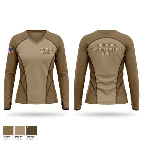 Womens Long Sleeve Vneck Shirt, 385 Field Hospital, Army, Teamtime, Team time, sublimation, custom sports apparel, team uniforms, spirit wear, spiritwear, sports uniforms, custom shirts, team store, custom team store, fundraiser sports, apparel fundraiser