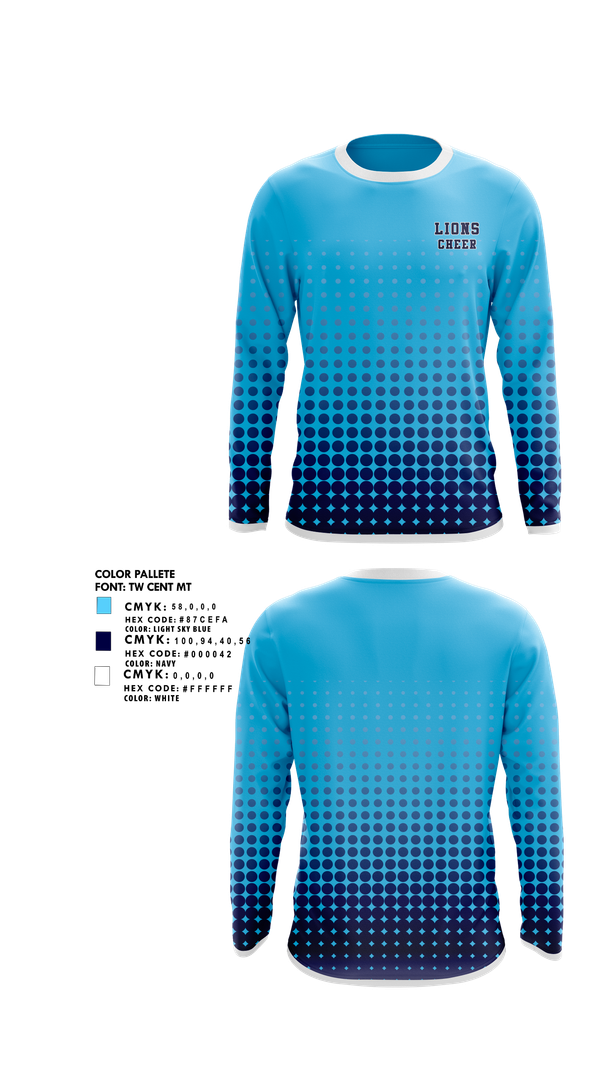 Long Sleeve Performance Shirt, Lions, Cheer, Teamtime, Team time, sublimation, custom sports apparel, team uniforms, spirit wear, spiritwear, sports uniforms, custom shirts, team store, custom team store, fundraiser sports, apparel fundraiser