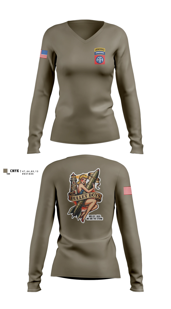 Womens Long Sleeve Vneck Shirt, Ammo, Distro, 407th LSB, Army, Teamtime, Team time, sublimation, custom sports apparel, team uniforms, spirit wear, spiritwear, sports uniforms, custom shirts, team store, custom team store, fundraiser sports, apparel fundraiser