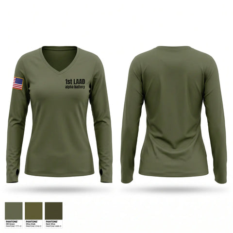 Womens Long Sleeve Vneck Shirt, 1st LAAD alpha battery, Marines, Teamtime, Team time, sublimation, custom sports apparel, team uniforms, spirit wear, spiritwear, sports uniforms, custom shirts, team store, custom team store, fundraiser sports, apparel fundraiser