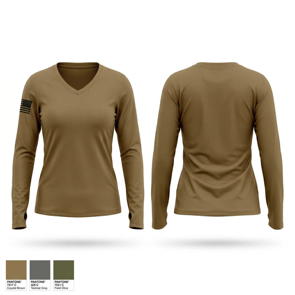 Womens Long Sleeve Vneck Shirt, Kraken, Army, Teamtime, Team time, sublimation, custom sports apparel, team uniforms, spirit wear, spiritwear, sports uniforms, custom shirts, team store, custom team store, fundraiser sports, apparel fundraiser